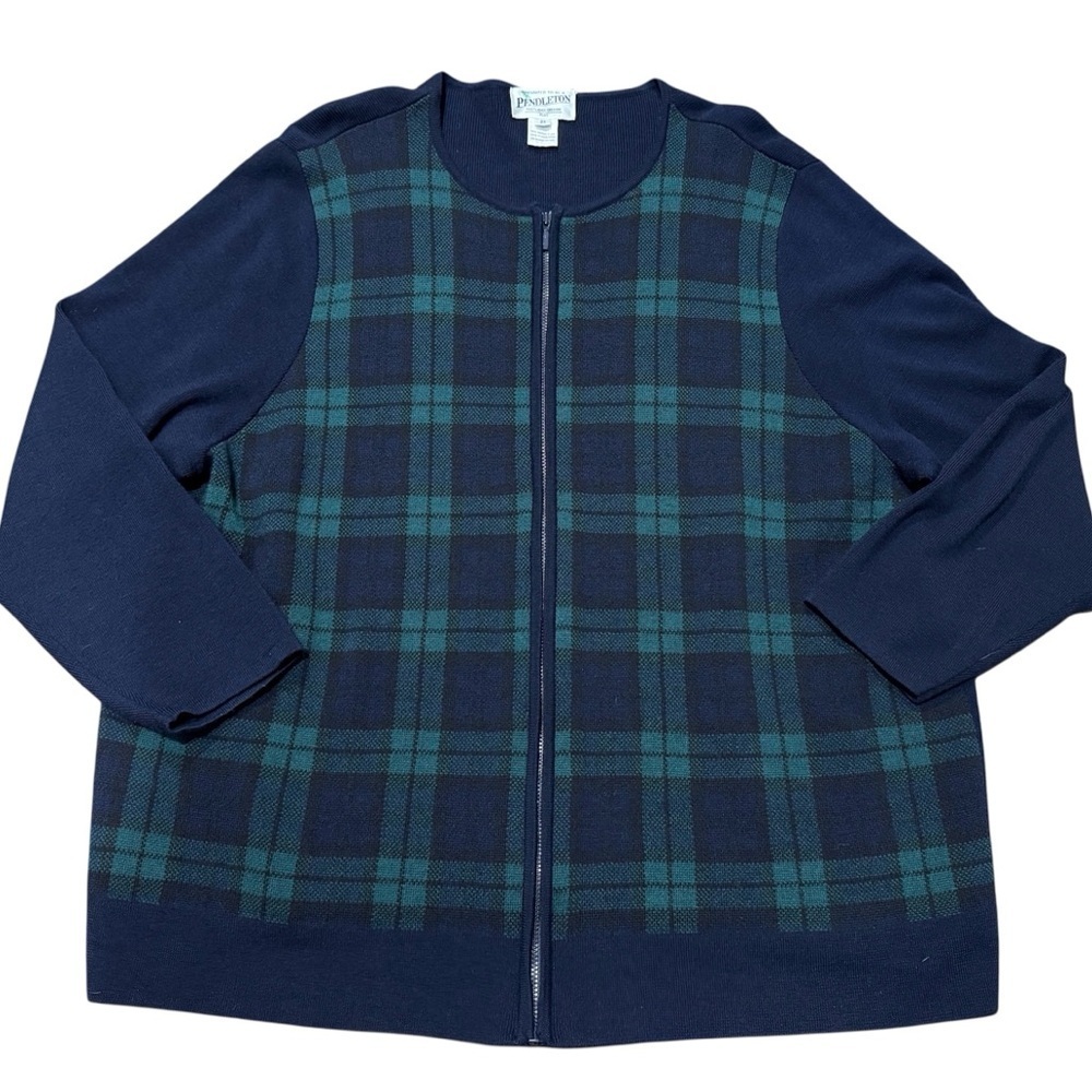 Pendleton Blue Green Paid Full Zip Cardigan Sweater 100% Merino Wool Size 2X